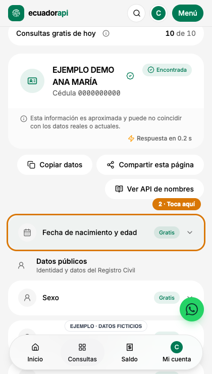 Nombre de ejemplo y tarjeta Fecha de nacimiento y edad resaltada debajo del resultado.