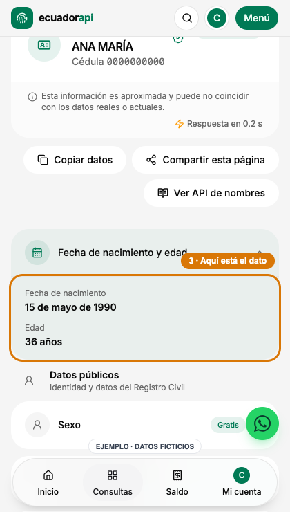 Tarjeta abierta con la fecha de nacimiento y edad de una persona ficticia.