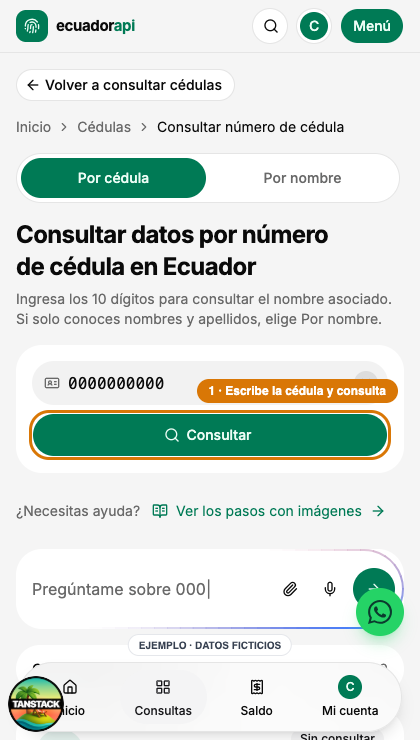 Buscador de cédulas con un número ficticio ingresado y el botón de consulta marcado.