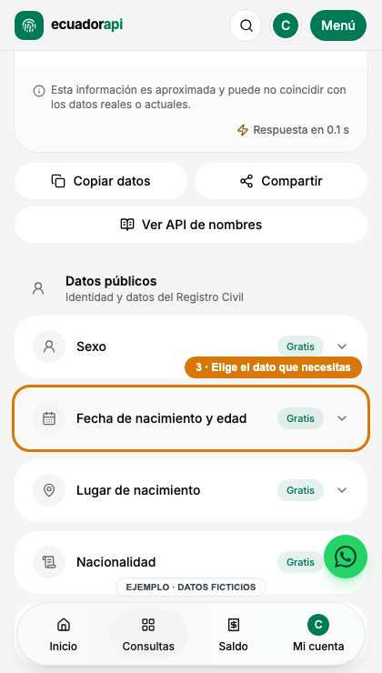 Tarjetas de datos de una cédula ficticia con Fecha de nacimiento y edad resaltada.