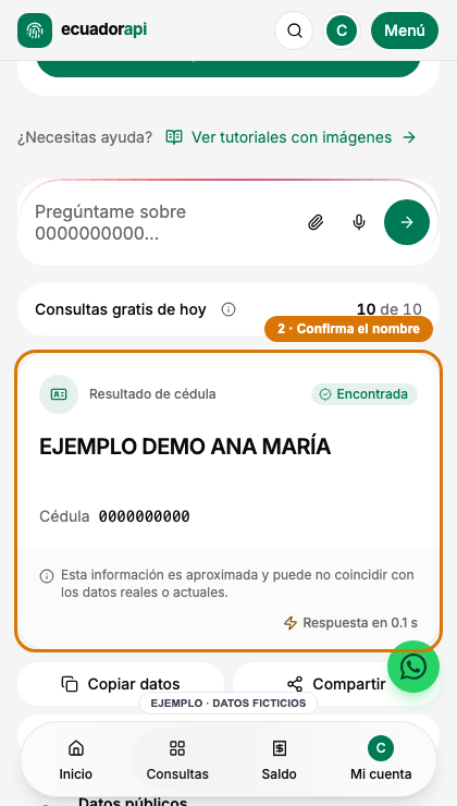 Resultado de una cédula ficticia con el nombre completo y el número del ejemplo.