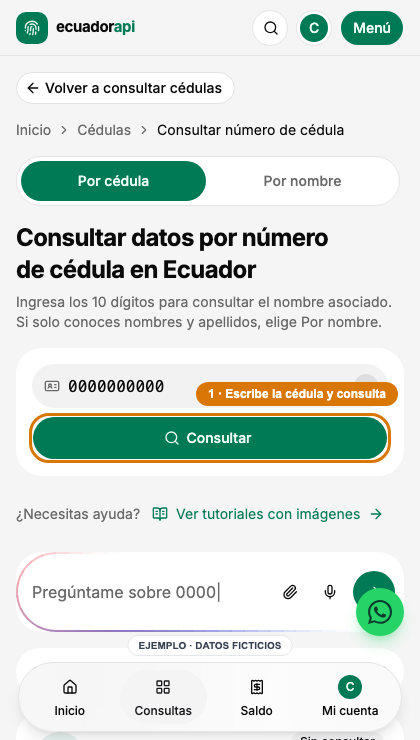 Buscador de cédulas con un número ficticio de 10 dígitos y el botón de consulta señalado.