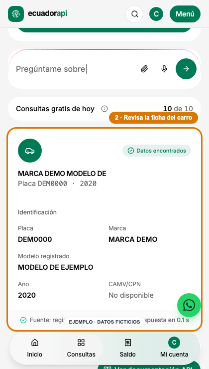 Ficha de un carro ficticio con la placa, marca, modelo y año del ejemplo.