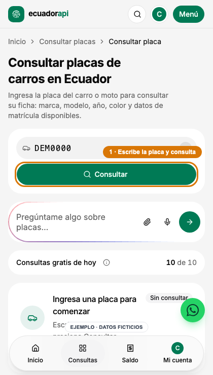 Buscador de placas con una placa ficticia y el botón de consulta señalado.